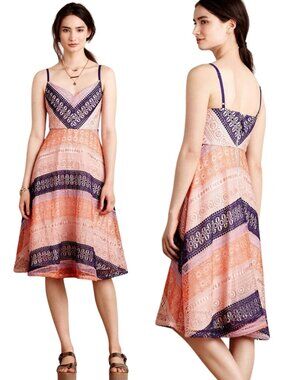 Anthropologie Maeve Lace Print Slip Dress Size 00 Boho Fit & Flare Midi Dress